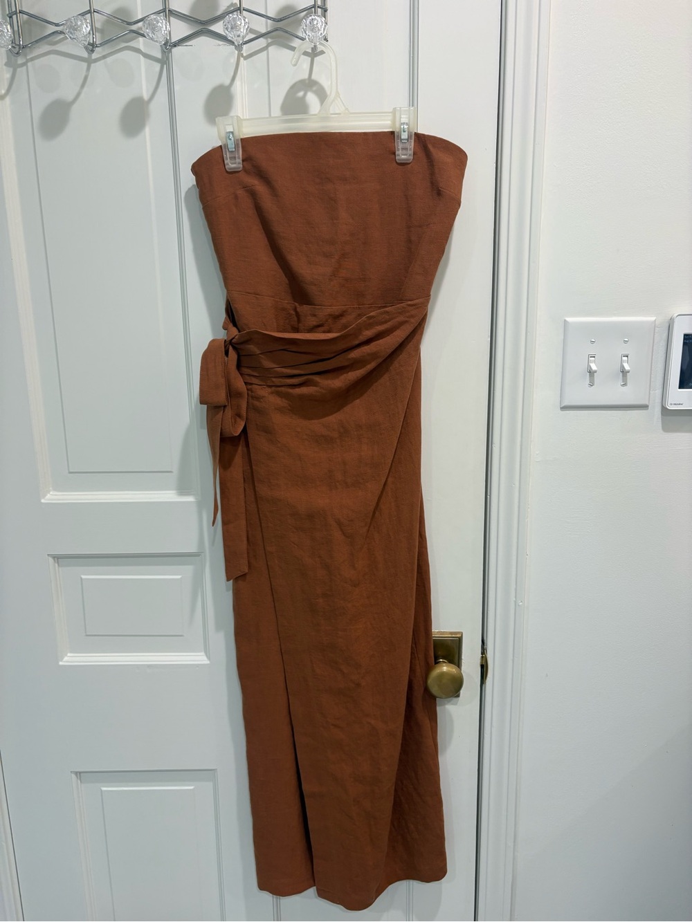 NWT Self Contrast Strapless Rust-Brown Tie-Waist Midi Dress